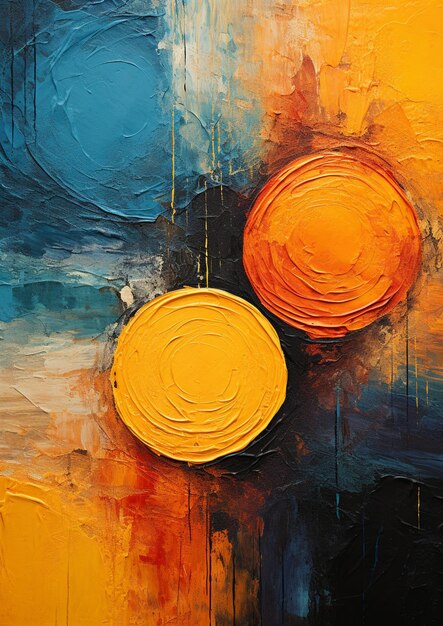 Painting of two orange and blue circles on a yellow background generative ai