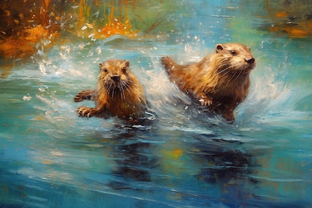 Painting of two otters in the water with a blue background generative ai