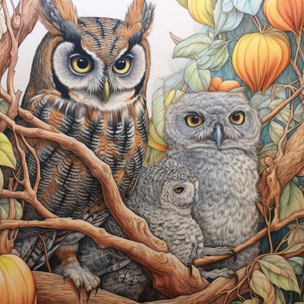 painting of two owls sitting on a branch with leaves and pumpkins generative ai