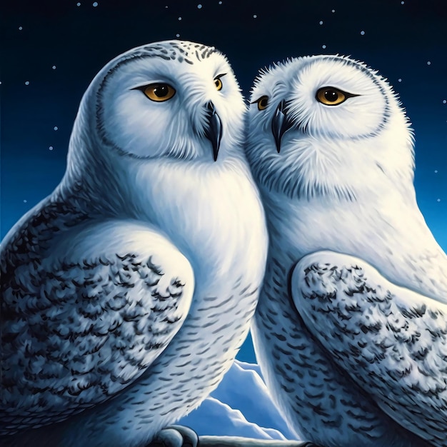 Photo a painting of two owls with the moon in the background.