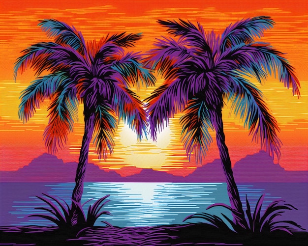 A painting of two palm trees on a beach at sunset generative ai