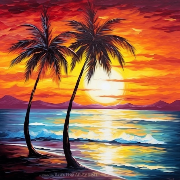 A painting of two palm trees on the beach at sunset generative ai