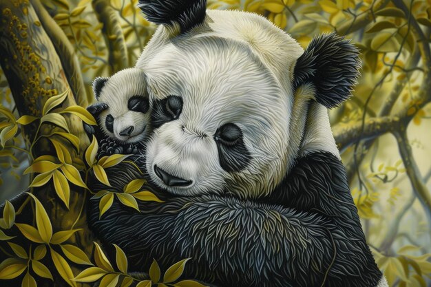 木に抱きしめ合っている2匹のパンダの絵