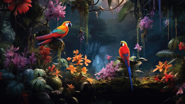 a painting of two parrots in a jungle with plants and flowers.