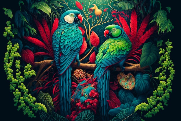 A painting of two parrots with a blue and green background.