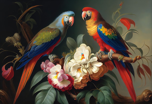 A painting of two parrots with flowers on a branch