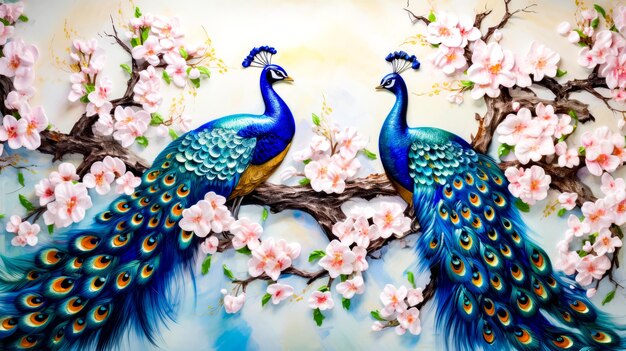 Painting of two peacocks on branch of blossoming tree