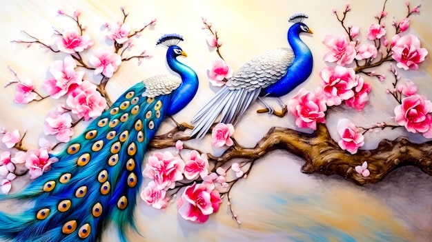 Painting of two peacocks sitting on branch of blossoming tree