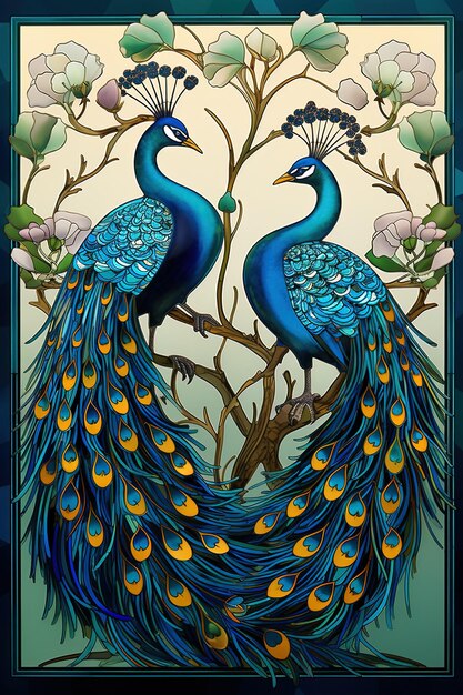 Photo a painting of two peacocks with the words  birds  on it