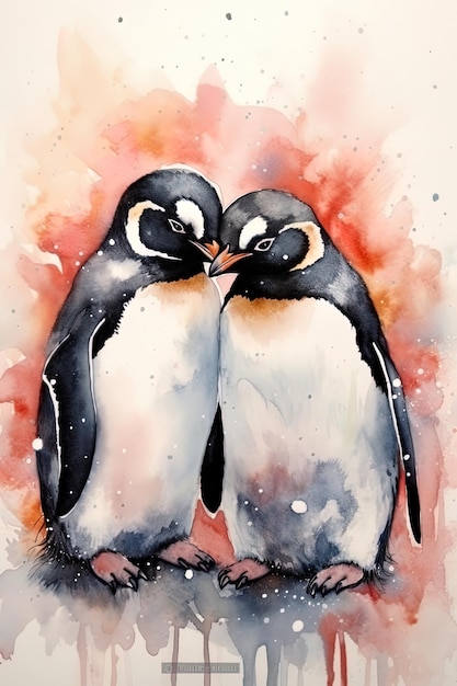 a painting of two penguins with a pink background