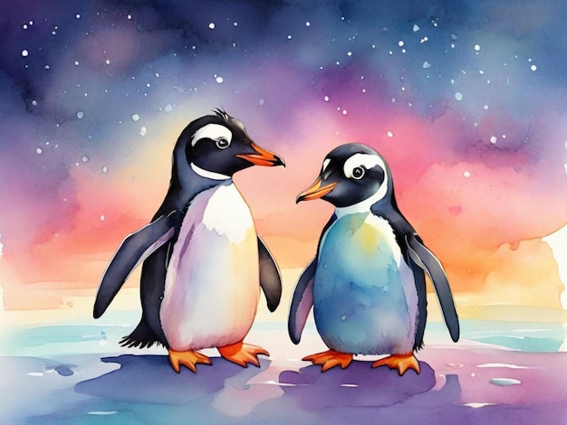 a painting of two penguins with the words penguins on it