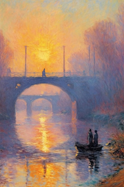 橋を背景に川のボートに乗っている 2 人の人の絵 生成 AI