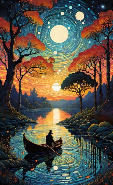 a painting of two people in a boat with the moon in the background