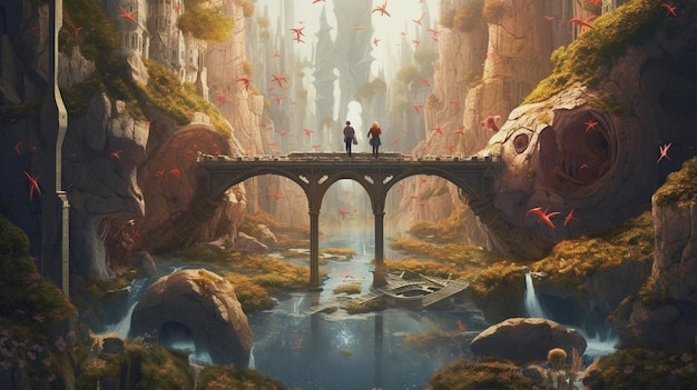 A painting of two people on a bridge with a river in the background.