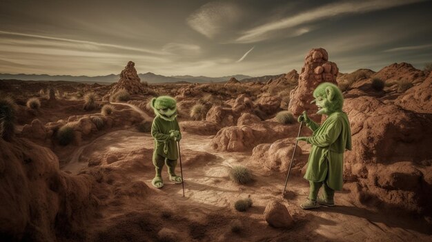 Photo a painting of two people in a desert with a sky background