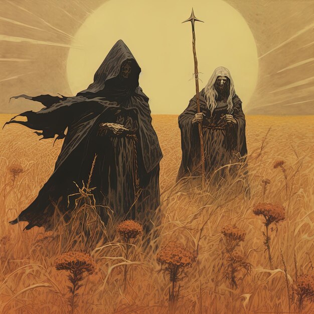 Photo a painting of two people in a field with a cross on it