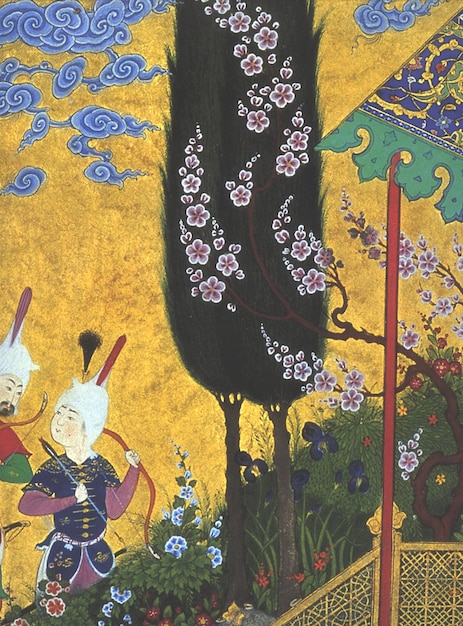 A painting of two people in front of a tree with flowers on it