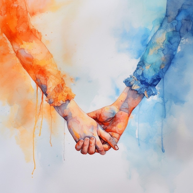 Painting of two people holding hands with orange and blue paint generative ai