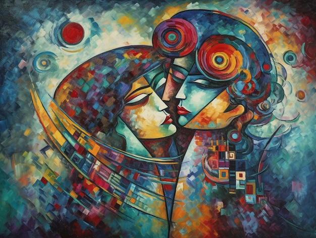 A painting of two people kissing and the word love on it