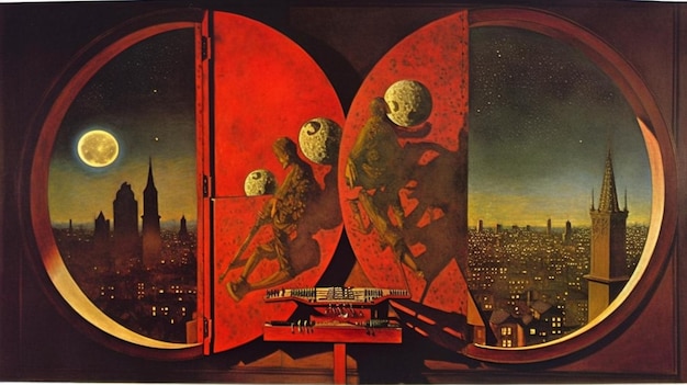 A painting of two people in a red door with a city in the background.