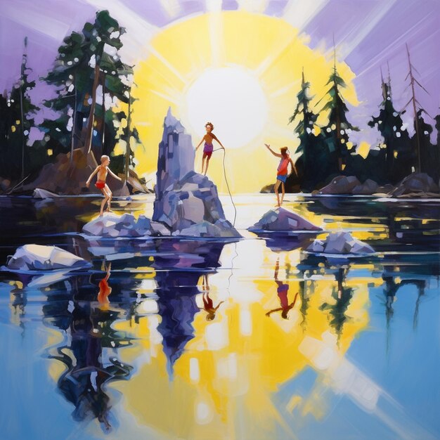 Foto dipinto di due persone su rocce in un lago con un sole sullo sfondo generativo ai