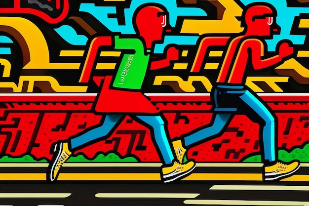 A painting of two people running on a street.