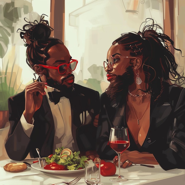 Photo a painting of two people sitting at a table with a plate of food and a woman with glasses