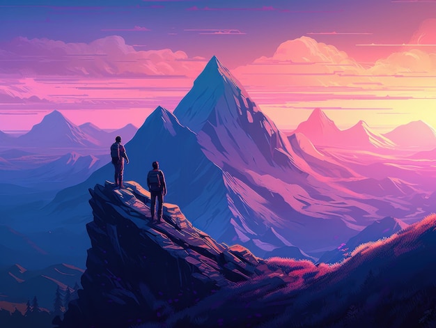 A painting of two people standing on a cliff looking at a mountain.