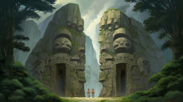 커다란 돌 얼굴을 하고 산 앞에 서 있는 두 사람의 그림.