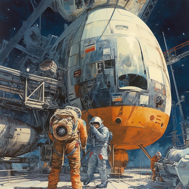 A painting of two people standing in front of a space station.