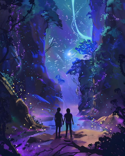 a painting of two people standing in a jungle with the words  the word  on it