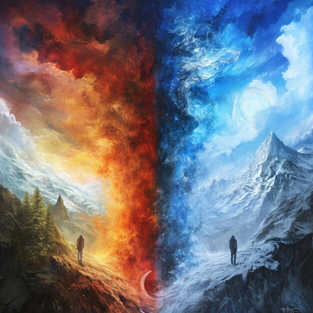 Картина двух людей, стоящих на горе с горой на заднем плане