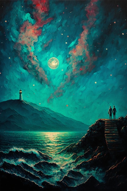 Painting of two people standing on a pier at night generative ai