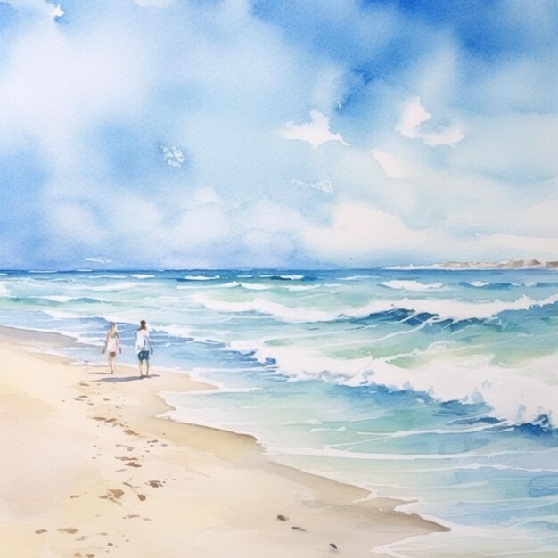 Photo painting of two people walking on the beach with a kite generative ai