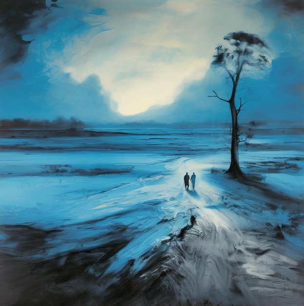 A painting of two people walking down a frozen lake