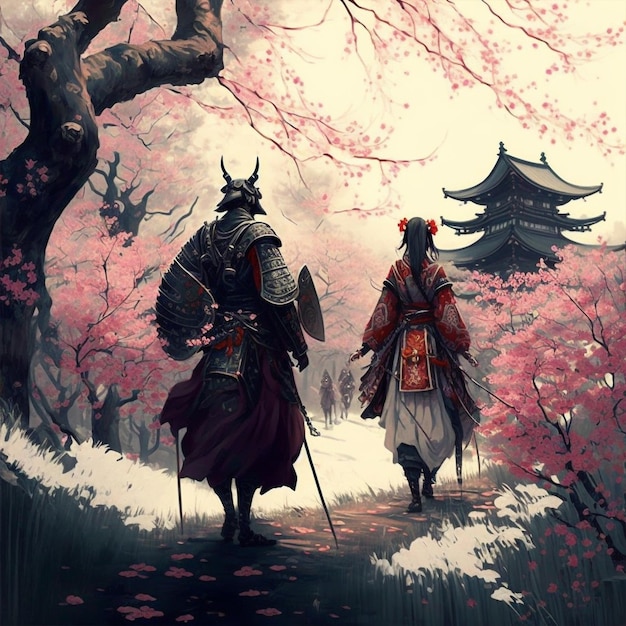 A painting of two people walking down a path with pink flowers on the left side.