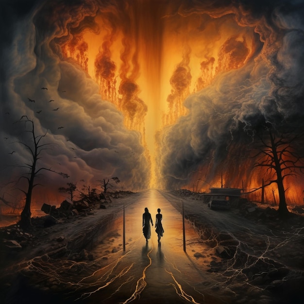 大きな火の前で道路を歩いている2人の人々の絵画