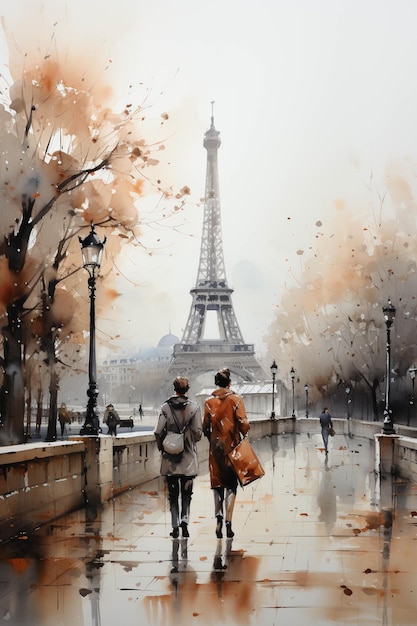 Painting of two people walking down a sidewalk in front of the eiffel tower generative ai