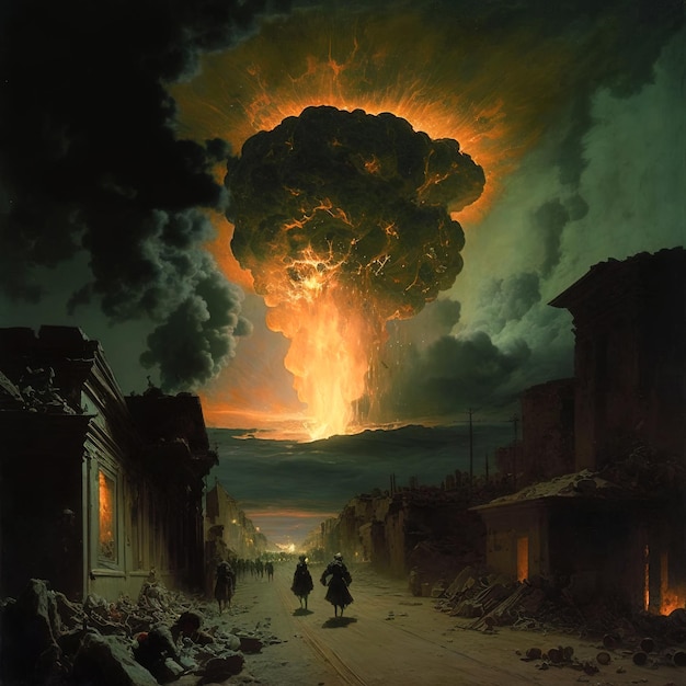 A painting of two people walking down a street with a burning fire in the background.