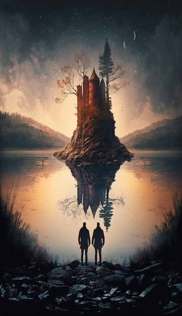 A painting of two people walking in front of a tree with the words " the castle " on it.