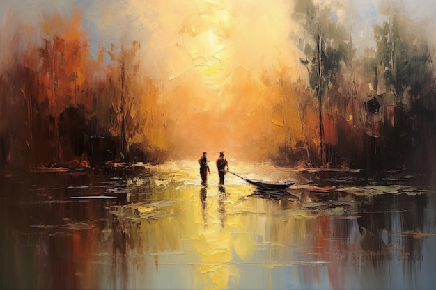 보트 생성 AI를 들고 강 위를 걷고 있는 두 사람의 그림