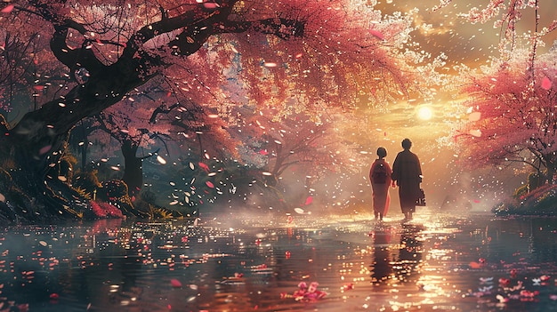 a painting of two people walking in the water with a tree in the background