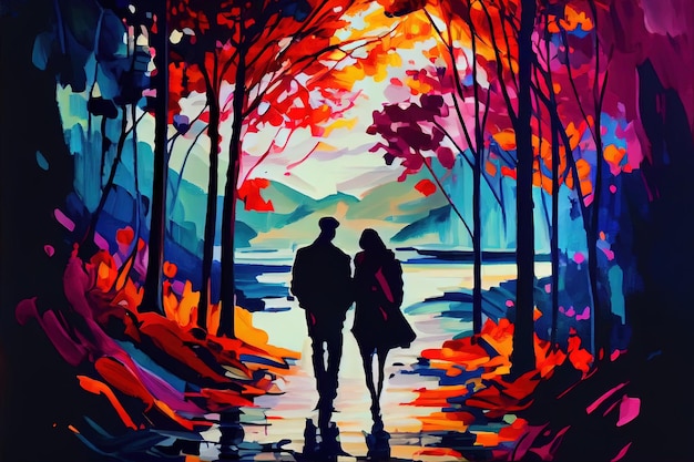 A painting of two people walking in the woods generative AI