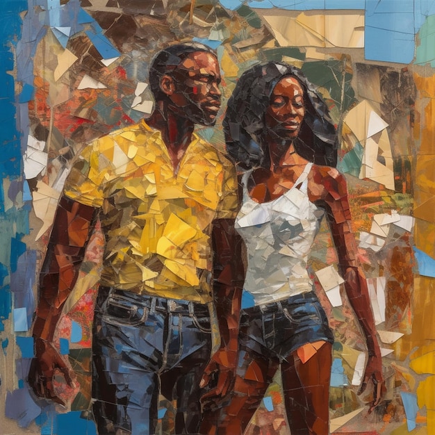 a painting of two people with a yellow shirt that says " the word " on it.