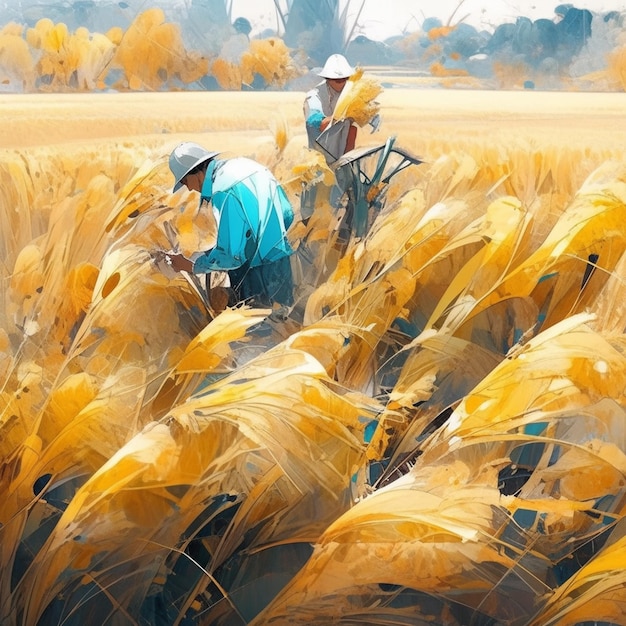 A painting of two people working in a wheat field
