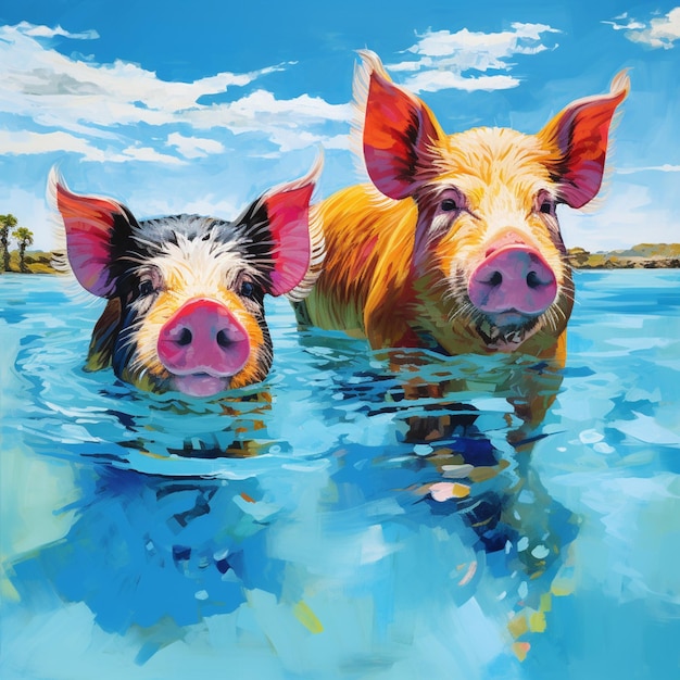 Painting of two pigs swimming in a body of water generative ai