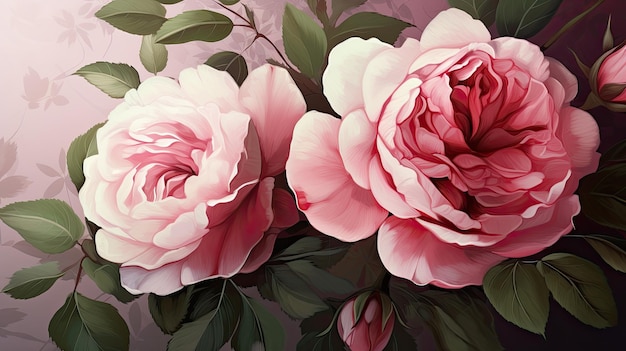 A painting of two pink peonies with green leaves.