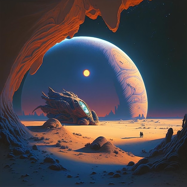 A painting of two planets on a planet with a man in a black shirt in the background.
