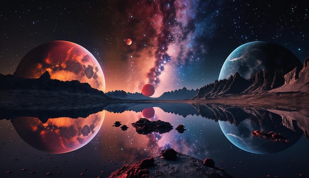A painting of two planets in the water with the sun shining on them.