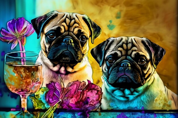 a painting of two pugs with a vase of flowers on the table.